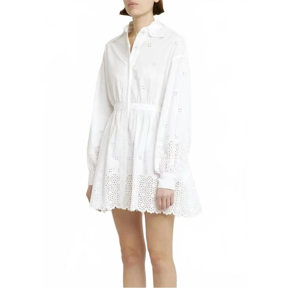 ULLA JOHNSON Gemma Shirt Dress Cowrie White Eyelet Statement Colla Size 6 Medium